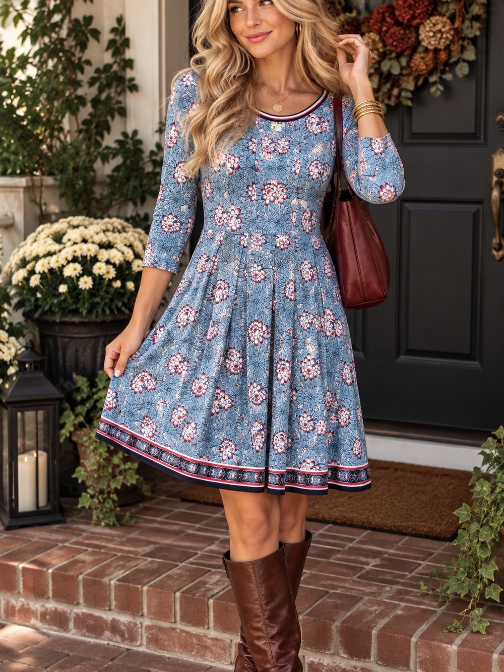 Max Studio Blue Floral Fit & Flare Dress with Three-Quarter Sleeves